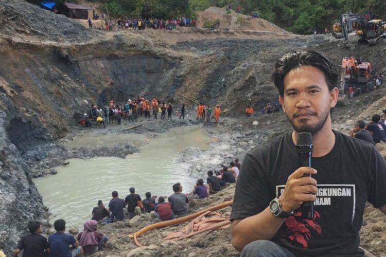Foto latar Peristiwa longsor tambang Buranga 2021. Depan Kordinator Jatam Sulteng, Moh. Taufik, S.H. (Foto : LN/Bambang)
